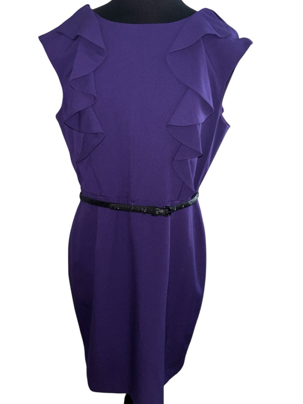 Calvin Klein Purple Ruffle-Front Midi Dress w/Black Belt, P:20”, L:38.5”,NWOT